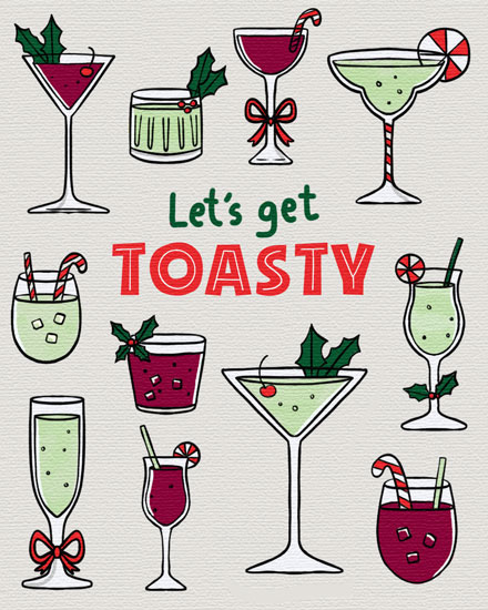 holiday season holiday card lets get toasty cocktails and wine glasses