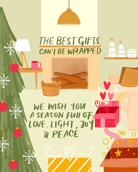 Illustration of a festive room with tree, gifts, fireplace, and holiday decor.
