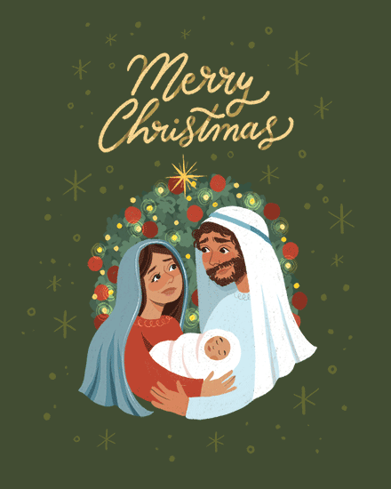 Illustrated nativity scene with Holy Family, festive wreath, and 'Merry Christmas' text.