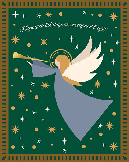 Angel with trumpet and stars on a green background with golden accents.
