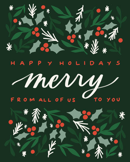 Dark green background featuring holly, berries, snowflakes, and the words 'Merry' in white script.