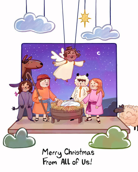 nativity pageant holiday season card angel sheep horse cloud star merry christmas christian