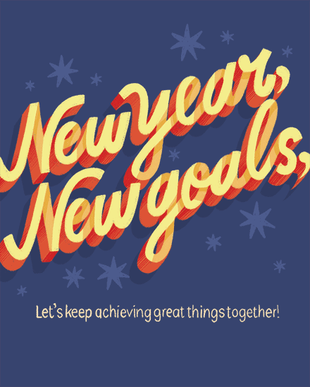 Bold 3D lettering on blue background with stars, reads 'New year, New goals.'