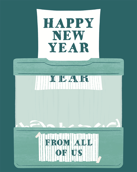 Teal paper shredder illustration with 'Happy New Year' message on white paper.