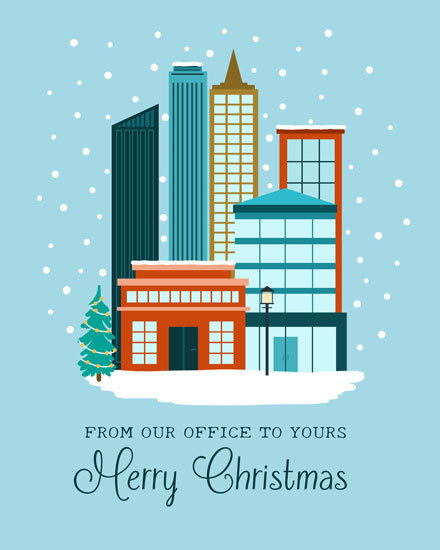 Illustration of snow-covered city skyline with a Christmas tree.