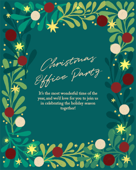 Festive card with holiday foliage, berries, and stars framing the text 'Christmas Office Party'.