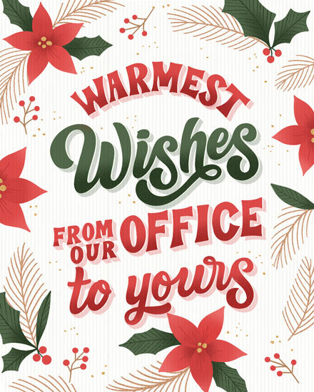 Festive card with poinsettias, holly, and bold holiday text.