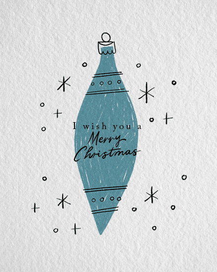 Minimalist blue Christmas ornament with text 'I wish you a Merry Christmas'.