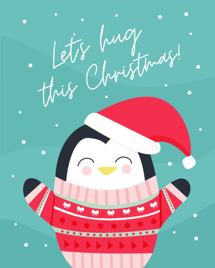 holiday season christmas card lets hug this christmas penguin in sweater jumpers