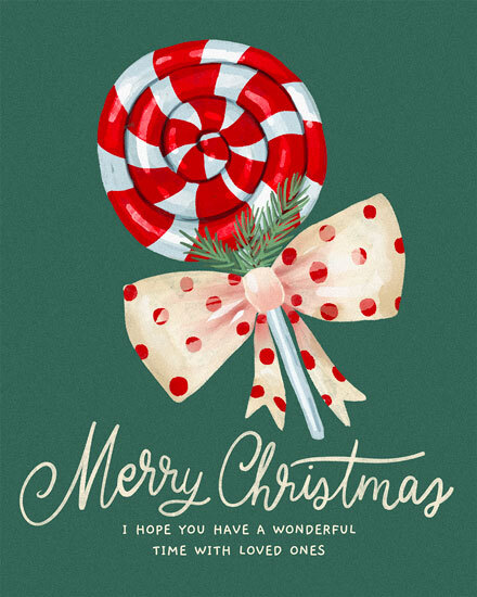 A festive lollipop with ribbon and pine on green with 'Merry Christmas' text.