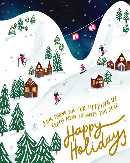 reach new heights holiday season card skiing snowflakes snow tree stars ski