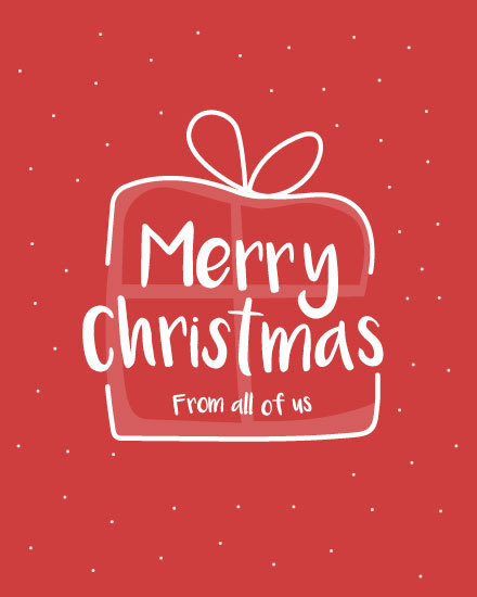 red present from all of us holiday season card gift snow merry christmas