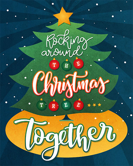holiday season christmas card rocking around the christmas tree together