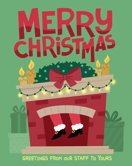 santa stuck fireplace holiday season card chimney ribbon candle gifts merry christmas