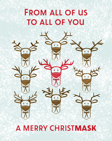 holiday season christmas card santas masked reindeer