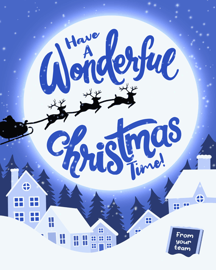 santas sleigh holiday season card moon snow houses trees wonderful