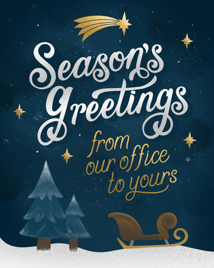 seasons greetings our office to yours holiday season card sleigh trees shooting star