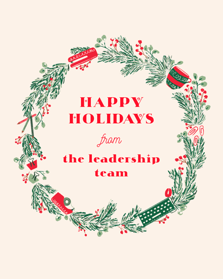 Holiday wreath with 'Happy Holidays' text in festive colors.