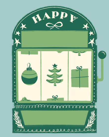 Green slot machine design featuring a Christmas tree, ornament, and gift.