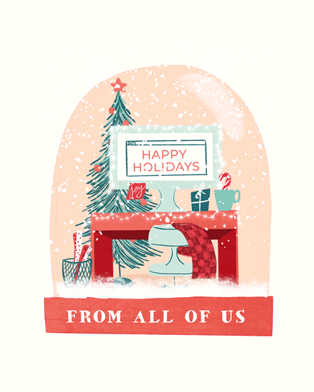 Illustration of a holiday-themed desk with a computer, Christmas tree, and gifts.