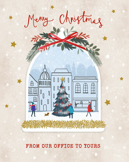 Christmas card with snow globe, cityscape, and red bow design.