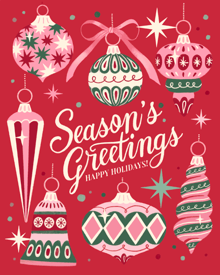 Red greeting card with retro ornaments and Season's Greetings text