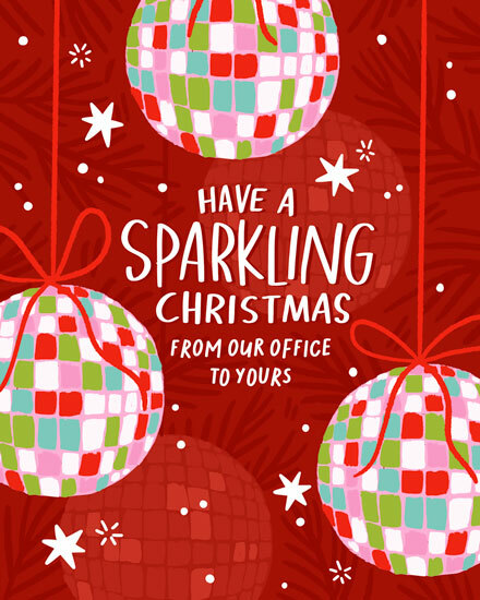 Red card with colorful mosaic ornaments and stars, text reads 'Have a Sparkling Christmas'.