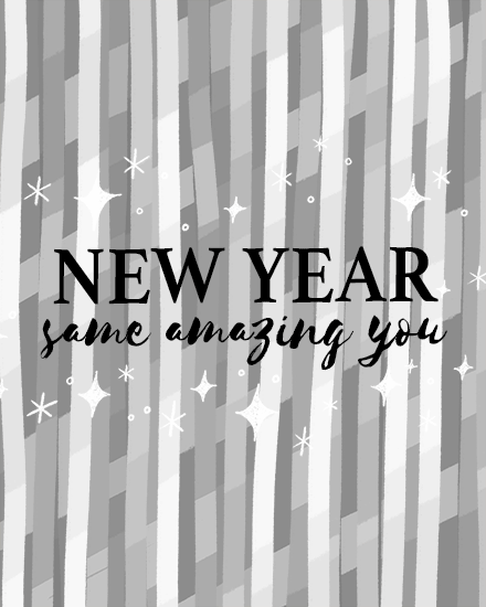 Black and white cascading lines with stars and New Year message.