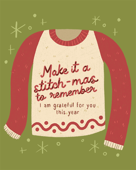 Green card with illustrated sweater, red sleeves, text reading 'Make it a stitch-mas to remember'