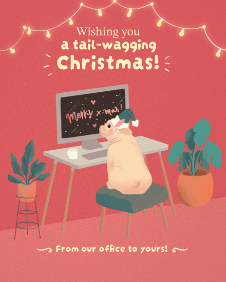 tail wagging christmas holiday season card pug computer desktop plants lights santa hat