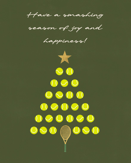 Tennis ball Christmas tree on green with joyful message