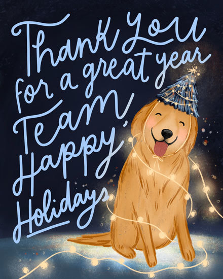 thank you golden retriever holiday season card christmas tree lights dog canine cute