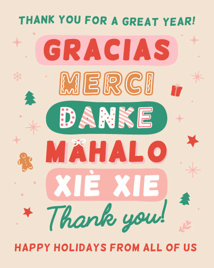 Multilingual thank you design with festive colors and holiday icons.