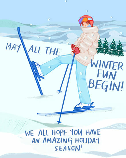 Illustration of a skier in motion with snow and trees in the background.