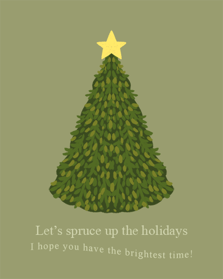 Illustrated Christmas tree with a star on olive background and festive text.