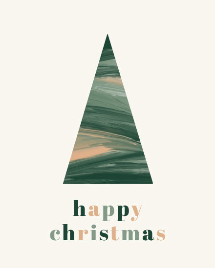 Stylized green and beige Christmas tree with 'happy Christmas' text.