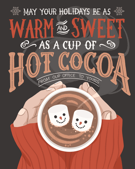 warm and sweet hot cocoa holiday season card snowman snowflakes marshmallows jumpers