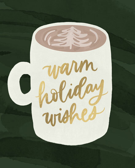 Illustration of mug with hot cocoa and 'Warm Holiday Wishes' text.