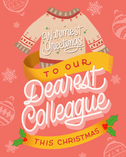 warmest greetings dearest colleague holiday season card clothes sweater christmas balls snowflakes jumpers