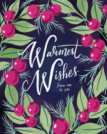 Card with green leaves, red berries, and 'Warmest Wishes' message.
