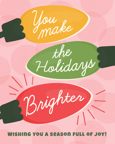 Holiday card with colorful retro light bulbs and festive message.