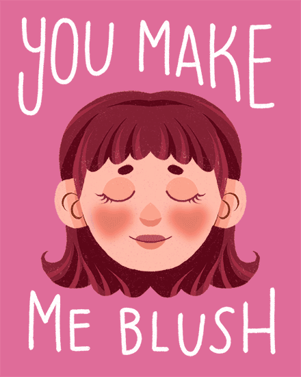 Illustration of a smiling woman with rosy cheeks and closed eyes on a pink background.