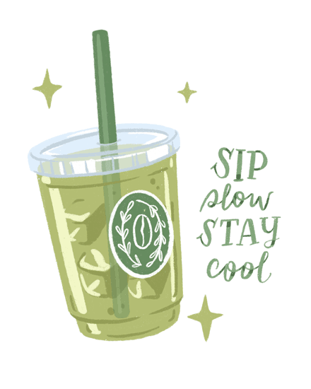 Watercolor iced drink with green straw and sparkles beside “Sip slow stay cool” text