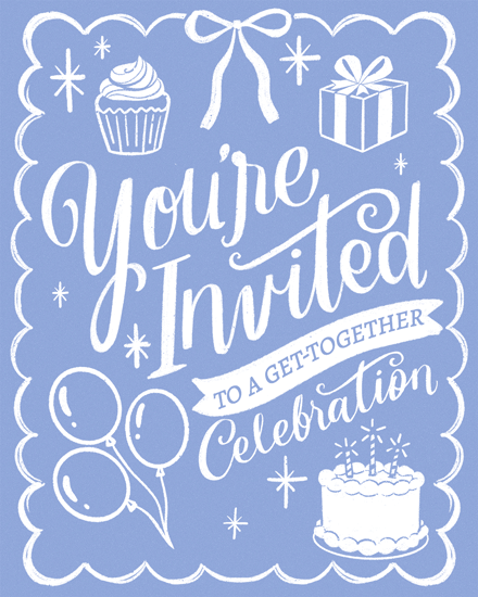 Lilac card with white decorative text and party illustrations, including balloons, cake, and gift.