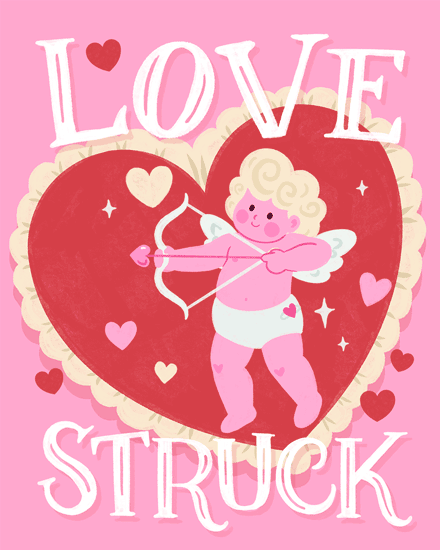 Illustrated Cupid with bow and arrow on heart background