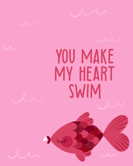 Pink design with wave doodles, cute fish blowing a heart, and “YOU MAKE MY HEART SWIM” text