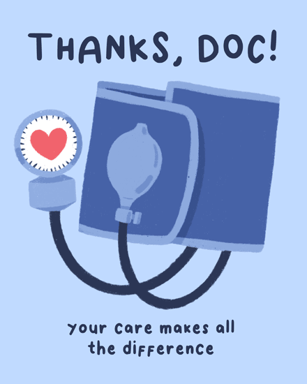 Blue thank-you design with blood pressure cuff, heart gauge, and text “Thanks, Doc!”