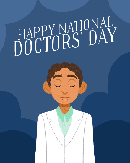 Illustration of a doctor in a white coat with a blue background.