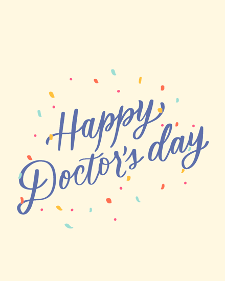 Happy Doctor’s Day in blue script with colorful confetti on cream background