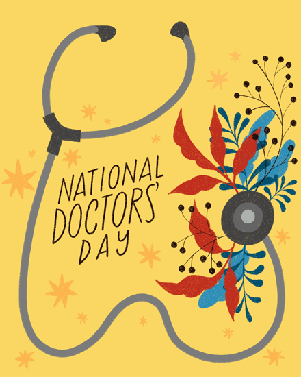 Stethoscope with vibrant flowers on yellow background, text 'National Doctors' Day'.